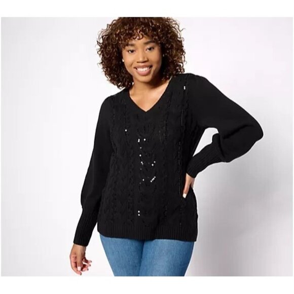 Jingle Belles by Kim Gravel Sparkling Sequin V Neck Sweater Black XL A624271 - Picture 1 of 1